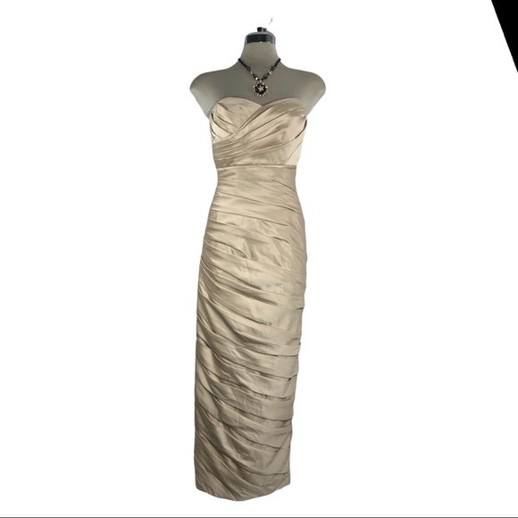 Andrew Adela Beige Sheath Ruffle Strapless Gown - Picture 15 of 16